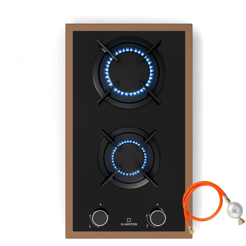 Klarstein - Lumiflame Plaque De Cuisson Gaz, 2 Brûleurs 4,2 kW, Verre Trempé & Cadre Cuivre, Allumage Électrique, Sécurité ffd, Supports Fonte, Kit