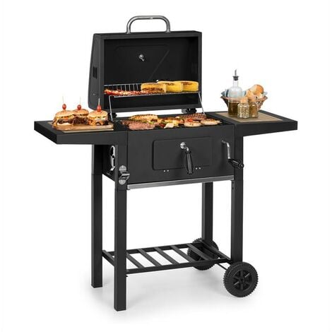 KLARSTEIN Meat Machine - Grill à charbon de bois, BBQ-Grill, Fumoir, Surface de cuisson 45 x 32,5 cm, Système d'aération, Cheminée, Thermomètre intégré, Foyer réglable en hauteur, anthracite
