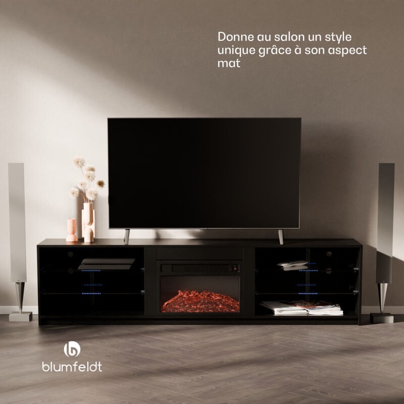 Blumfeldt - Klarstein Meuble tv Bois avec Cheminée Electrique Intégrée, Meuble Tele de 160 cm, Design Moderne avec led Multicolores, Meuble bas tv