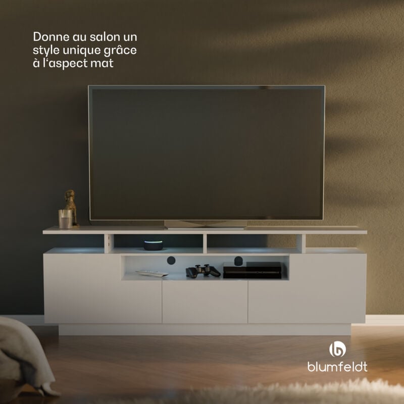 Blumfeldt - Klarstein Meuble tv Bois avec led, Meuble Tele de 150 cm, Design Moderne avec led Multicolores, Petit Meuble tv, Meuble bas tv pour