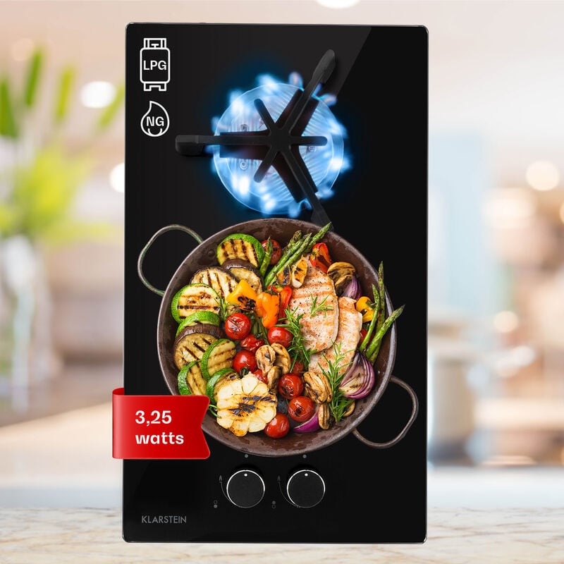 Klarstein - Plaque de Cuisson Gaz 2 Feux, Table de Cuisson à Gaz à 2 Brûleurs, Plaque Gaz de 3.25kW, Piano Cuisine Gaz en Acier Inoxydable, Plaque de