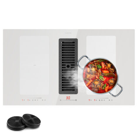 Klarstein – Plaque de cuisson induction 4 foyers 7120W – Hotte aspirante DownAir 477m³/h – Commande tactile – Flex zone pour grandes casseroles