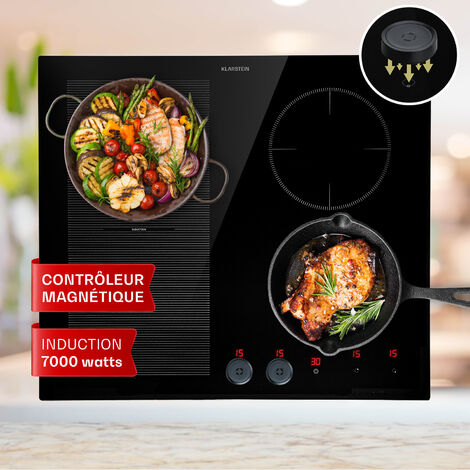 Klarstein – Plaque induction vitrocéramique 7000W – 4 feux avec zone flexible 2500W – Sécurité enfant – Minuterie – Panneau tactile amovible