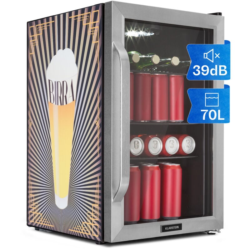 Klarstein - Réfrigérateur 70L, Mini réfrigérateur silencieux avec étagères amovibles, porte vitrée & led, Adapté à l'extérieur, 0-10°C