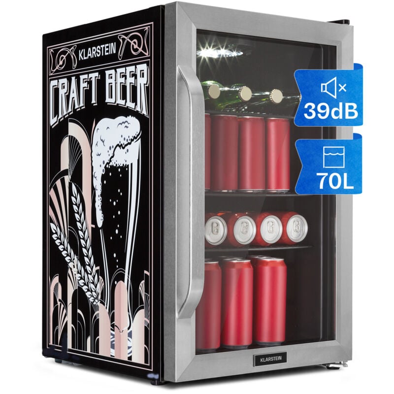 Klarstein - Réfrigérateur 70L, Mini réfrigérateur silencieux avec étagères amovibles, porte vitrée & led, Adapté à l'extérieur, 0-10°C