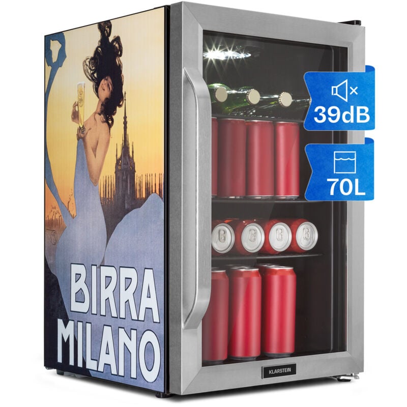 Klarstein - Réfrigérateur 70L, Mini réfrigérateur silencieux avec étagères amovibles, porte vitrée & led, Adapté à l'extérieur, 0-10°C