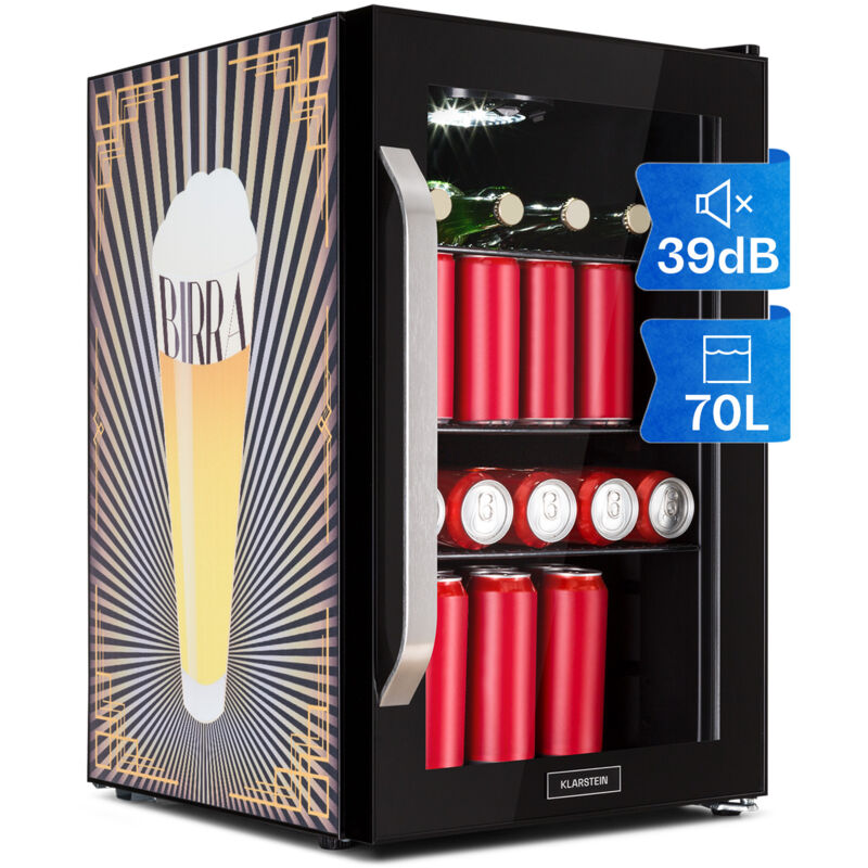 Klarstein - Réfrigérateur 70L, Mini réfrigérateur silencieux avec étagères amovibles, porte vitrée & led, Adapté à l'extérieur, 0-10°C