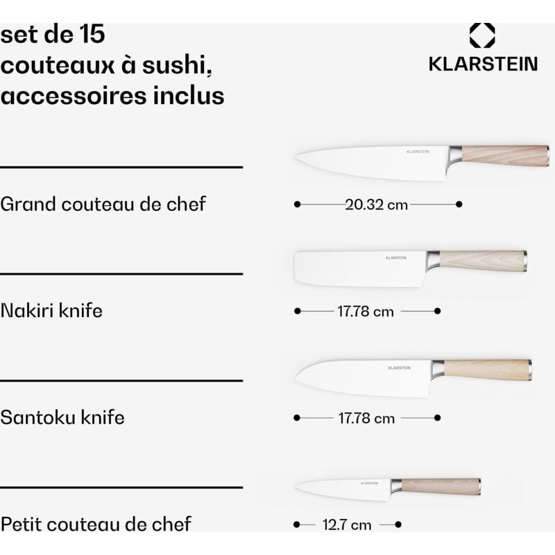Klarstein - Set de 15 pièces pour sushi professionnel avec 4 couteaux en acier inoxydable 3cr13 430, bois de frêne poli mat - découpe facile &