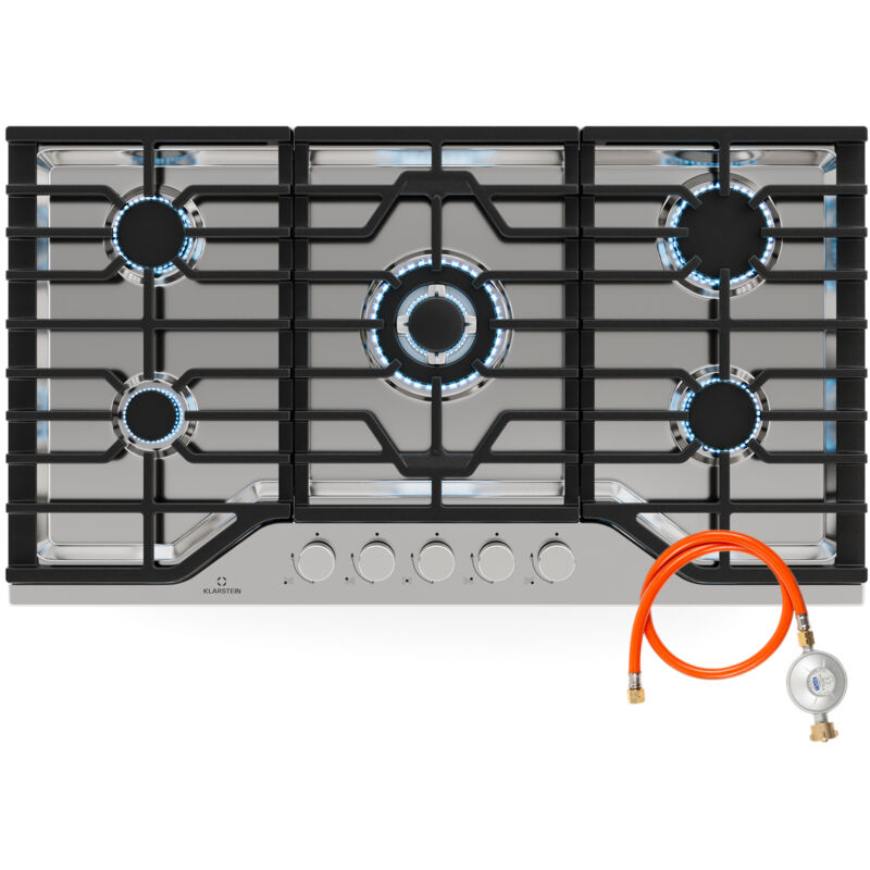 Klarstein - Turbocast Plaque De Cuisson Gaz - 5 Brûleurs, Inox 304, 3.4kW Wok, Allumage Auto & Sécurité, Kit Conversion gpl, Plaque au Gaz