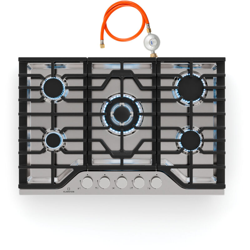 Klarstein - Turbocast Plaque De Cuisson Gaz - 5 Brûleurs Inox 304, 3.4kW Wok, Allumage Électrique, Supports Fonte, Kit Conversion gpl, 750x500mm