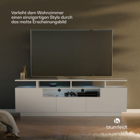 Klarstein TV Board Weiss, Wohnzimmer Möbel für TV, 150 cm Fernsehschrank mit Color-LEDs, Großes TV-Lowboard, Niedrige TV-Schränke mit Stauraum, Schrank für Fernseher, TV-Schrank Modern, Weiß
