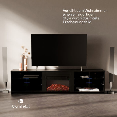 Klarstein TV Board, Wohnzimmer Möbel für TV, 160 cm Fernsehschrank mit Elektrokamin, Großes TV-Lowboard, Niedrige TV-Schränke mit Farbigen LEDs, Schrank für Fernseher, TV-Schrank Modern, Schwarz