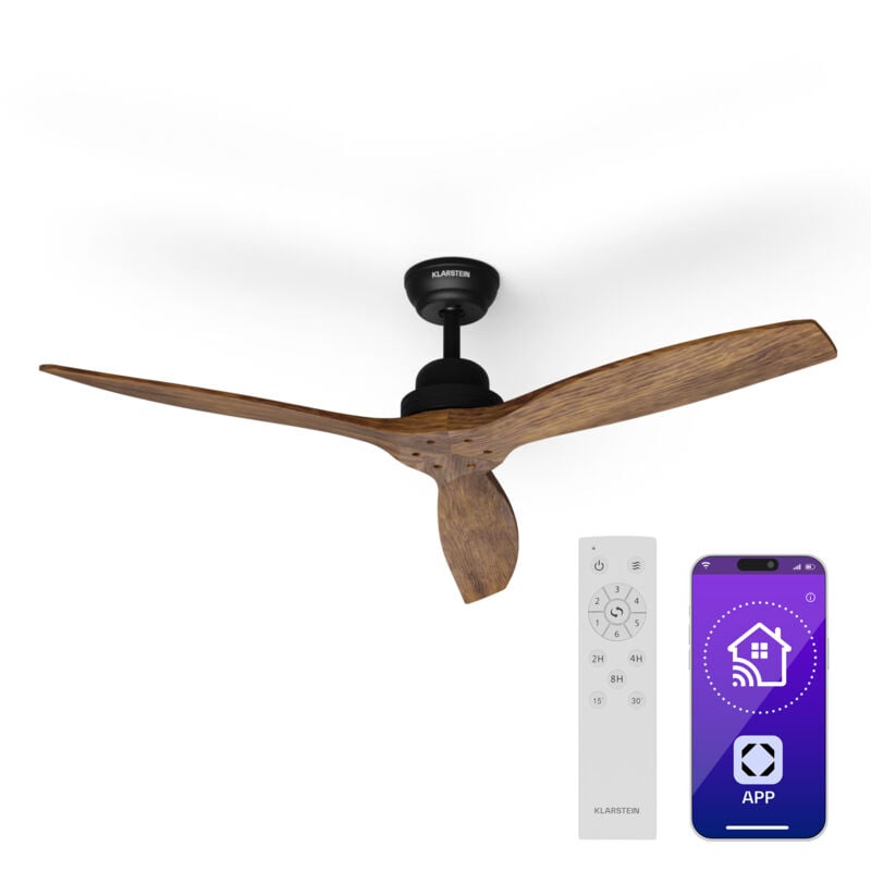 Klarstein - Ventilateur Plafond Bois avec Télécommande - Silencieux, 6 Vitesses, Contrôle Intelligent, Réversible Été/Hiver, 132 cm, Économie