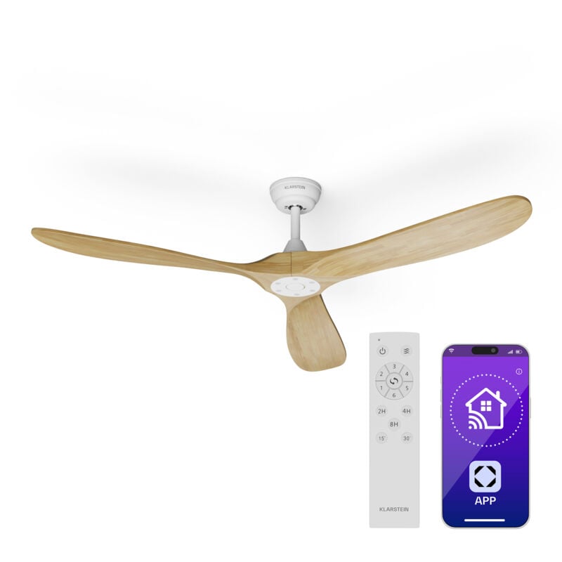 Klarstein - Ventilateur Plafond Bois Silencieux avec Télécommande, Ventilateur Plafond Smart 152 cm, 6 Vitesses, Fonction Été/Hiver, IoT Connecté,