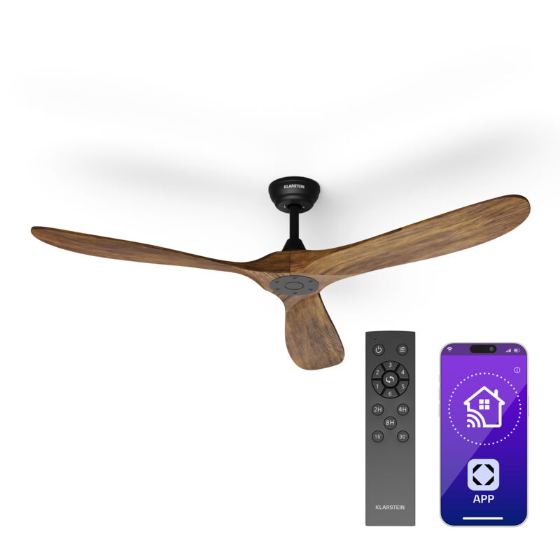Klarstein - Ventilateur Plafond Bois Silencieux avec Télécommande, Ventilateur Plafond Smart 152 cm, 6 Vitesses, Fonction Été/Hiver, IoT Connecté,