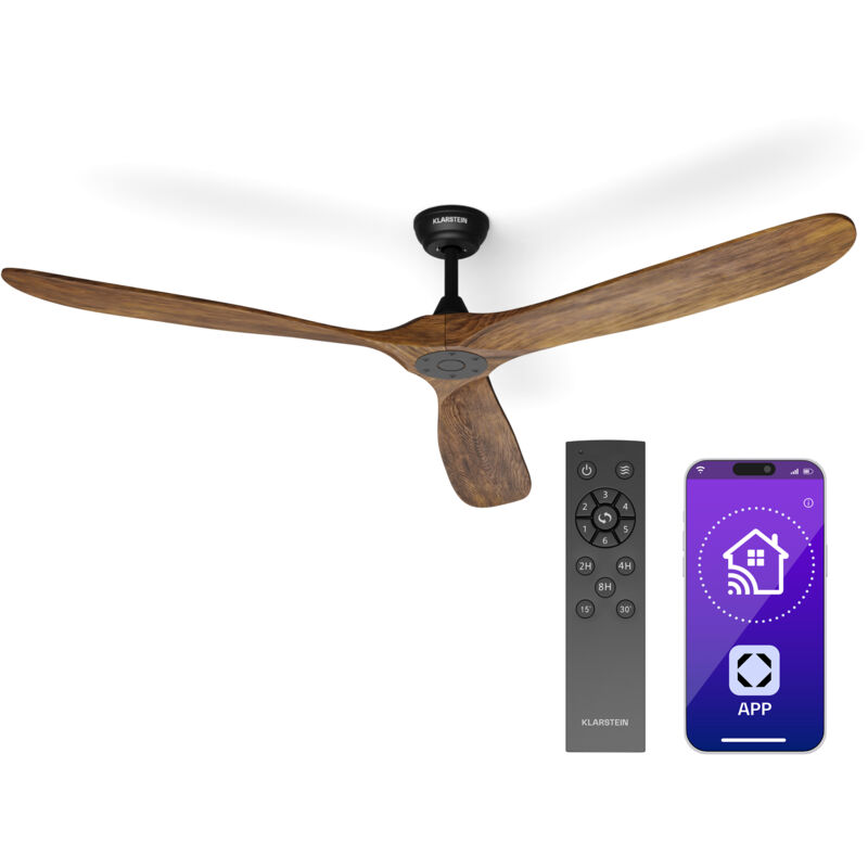 Klarstein - Ventilateur Plafond Bois Silencieux avec Télécommande, Ventilateur Plafond Smart 178 cm, 6 Vitesses, Fonction Été/Hiver, IoT Connecté,