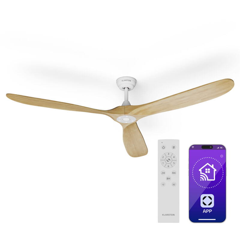 Klarstein - Ventilateur Plafond Bois Silencieux avec Télécommande, Ventilateur Plafond Smart 178 cm, 6 Vitesses, Fonction Été/Hiver, IoT Connecté,