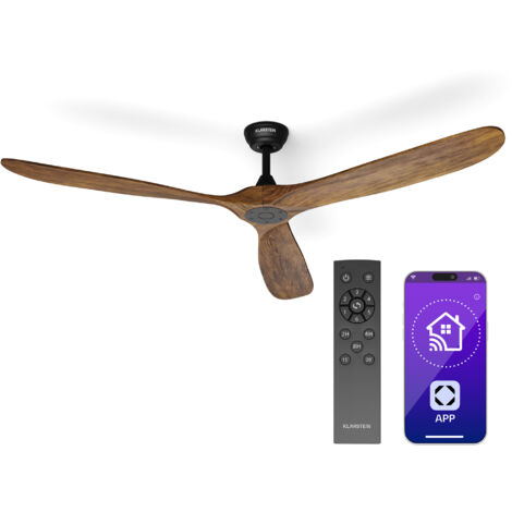 Klarstein Ventilateur Plafond Bois Silencieux avec Télécommande, Ventilateur Plafond Smart 178 cm, 6 Vitesses, Fonction Été/Hiver, IoT Connecté, Économe en Énergie, Pour Pièces Jusqu'à 35 m², Noyer