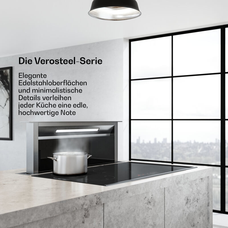 Klarstein Verosteel Downdraft Dunstabzugshaube 90 Cm - A++ Energieklasse, 906,2 M³/H Boost, Touch-Bedienung, Led, Aluminium & Glas, Spülmaschinenfilter, Leise Abzugshaube Küche