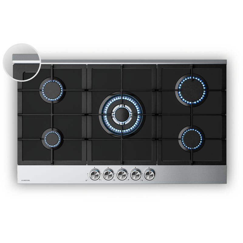 Klarstein - Verosteel Plaque de Cuisson Gaz 5 Feux - 10400W, Verre & Inox, Allumage Électrique, Sécurité Anti-Flambage, 90cm, Compatible gpl & Gaz