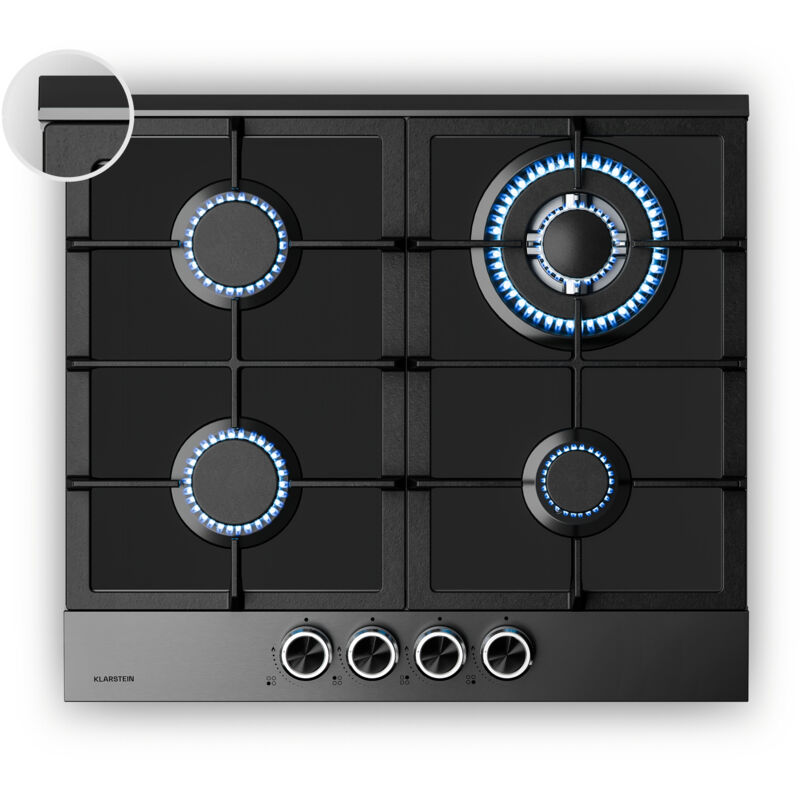 Klarstein - Verosteel Plaque de Cuisson Gaz 60cm - 4 Brûleurs 8000W, Verre & Inox, Allumage Électrique, Sécurité Anti-Flamme, gpl & Gaz Naturel, Kit