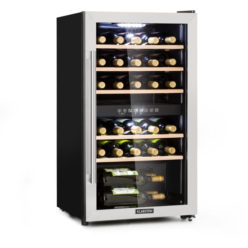 Klarstein - Cave à vin 29 bouteilles, cave de service avec étagères en bois amovibles, porte en verre, commande tactile, écran lcd, éclairage
