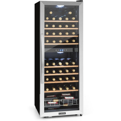 Klarstein Wine Cooler Fridge, Dual Zone Wine Fridge with Glass Door, 2 Programmable Cooling Zones, Touch Controls, LED Display, 5 - 18 °C Range, 40 dB Low Noise, 54 Bottles / 148L Drinks Fridge, Black
