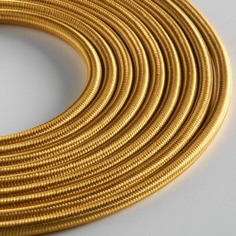 Klartext - Cavo tessile tondo LUMIÈRE per illuminazione, 3x0,75mm, Oro, 3mt.Attenzione: cavo terra incluso Massima sicurezza anti scossa
