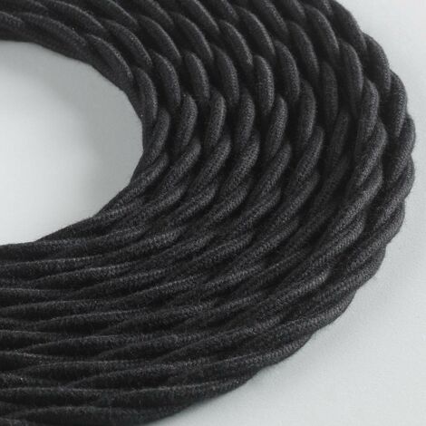 Klartext - Cavo tessile trecciato LUMIÈRE per illuminazione, 3x0,75mm, Cotone Nero, 3mt.Attenzione: cavo terra incluso Massima sicurezza anti scossa