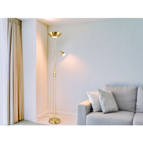 Klassischer LED Deckenfluter mit Leselampe in Messing matt, Höhe 181,5cm