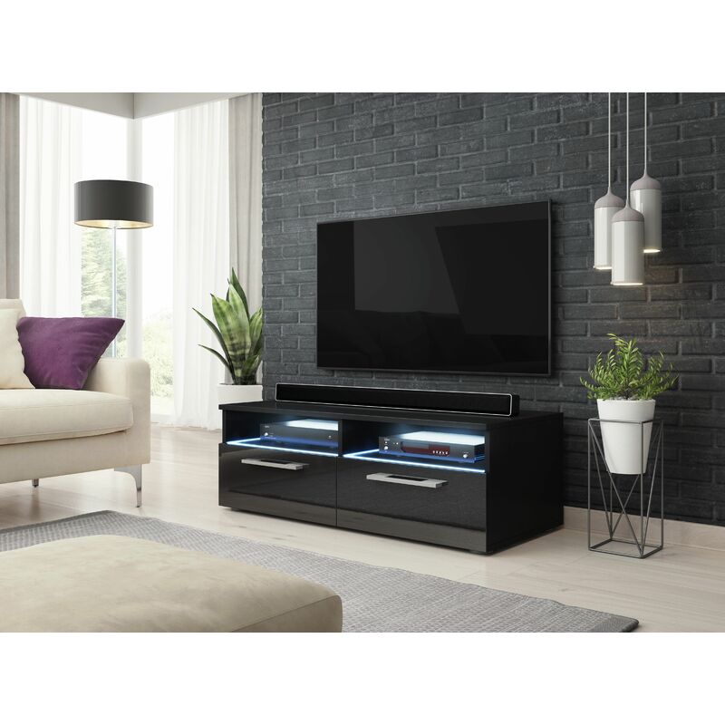 3xEliving Klassischer TV-Schrank Zumbi schwarz/schwarz glänzend 100cm LED