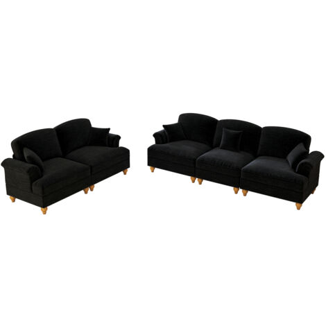 Klassisches 2-teiliges modulares Wohnzimmer-Sofa-Set mit Trichter-Armlehnen, abnehmbarer Rüschenschürze & spindelförmigen Beinen – 3-Sitzer & 2-Sitzer Loveseat aus Chenille,Schwarz