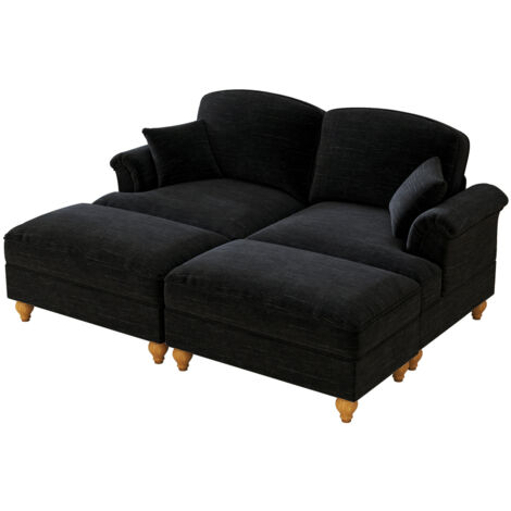 Klassisches modulares 2-Sitzer Sofa aus Chenille mit Trichter-Armlehnen, abnehmbarer Rüschenschürze, spindelförmigen Beinen & beweglichem Hocker – Weiches, tiefes Cloud-Sofa fürs Wohnzimmer,Schwarz