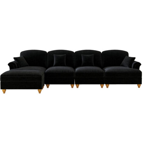 Klassisches modulares L-förmiges 4-Sitzer Sofa aus Chenille mit Trichter-Armlehnen, abnehmbarer Rüschenschürze, spindelförmigen Beinen & beweglichem Hocker – Tiefer, bequemer Sitz fürs Wohnzimmer,Schw