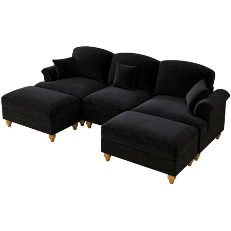 Klassisches modulares U-förmiges Sofa aus Chenille mit Trichter-Armlehnen, abnehmbarer Rüschenschürze, spindelförmigen Beinen & beweglichem Hocker – Weiches, tiefes Cloud-Sofa fürs Wohnzimmer,Schwarz