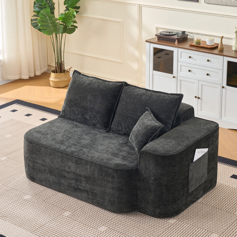 Stilvora Klassisches Sofa 2-sitzer Loungesofa Mit Seitentaschen Und Kissen, Sofort Einsatzbereit, Chenille Schwarz