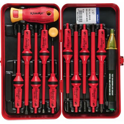 Klauke – Coffret de tournevis cruciformes isolés 13 pièces – Longueur 93mm – Pour travaux électriques en toute sécurité – Détecteur de tension inclus