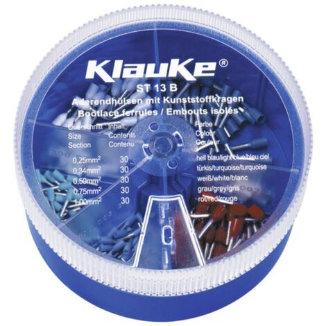 Klauke ST13B Assortiment d'embouts simples 0.25 mm², 0.34 mm², 0.5 mm², 0.75 mm², 1 mm² partiellement isolé bleu clair, turquoise, blanc, gris, C009581