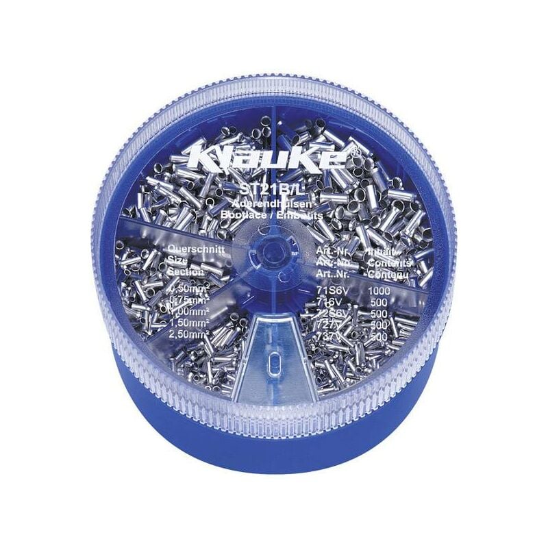 Klauke - ST21B Assortiment d'embouts simples 0.5 mm², 0.75 mm², 1 mm², 1.5 mm², 2.5 mm² non isolé argent 3000 parties C009271