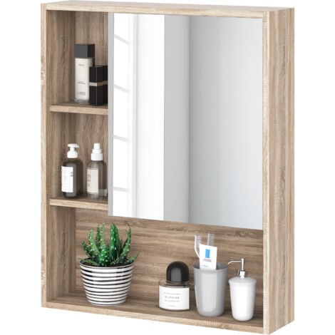 kleankin Armadietto a specchio per bagno con scaffale regolabile montaggio a muro color rovere