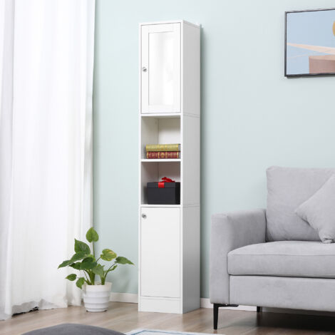 kleankin Armario Alto para Baño con Espejo Mueble Columna de Baño Madera con 2 Estantes Abiertos 2 Puertas y Baldas Interiores Ajustables 30x28x180 cm Blanco