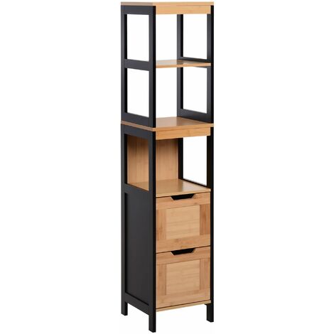 main image of "kleankin Armario Alto para Baño con Estantes y Cajones 30x30x144.3 cm - Negro, Bambú"