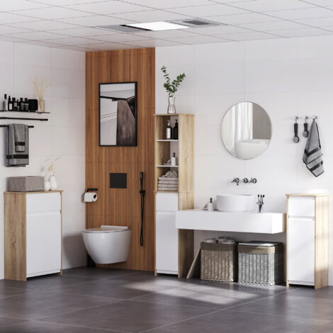 kleankin Armario Auxiliar de Baño con 1 Cajón y 1 Puerta Mueble Auxiliar de Baño para Salón Aseo Dormitorio Estilo Moderno Antivuelco 32,6x30x90 cm Blanco y Natural
