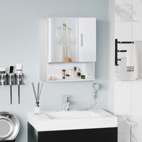 kleankin Armario de Baño con Espejo Mueble Colgante de Aseo con 2 Puertas y 2 Estantes Ajustables Interiores 54x15,2x55,3 cm Blanco