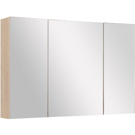 kleankin armario de baño con espejo mueble espejo para baño con 3 puertas y estantes ajustables para aseo dormitorio estilo moderno 90x60x13,5cm roble