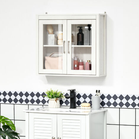 kleankin Armario de Baño de Pared con Puertas de Vidrio y Estante Ajustable Mueble Colgante Moderno 60x19,5x54 cm Blanco