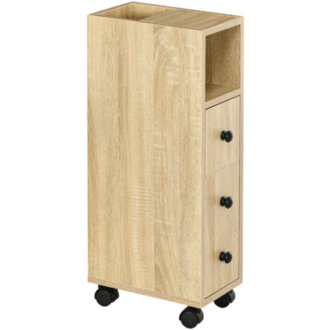 main image of "kleankin Armario de Baño Mueble para Baño Espacio Limitado con Ruedas Universales 2 Frenos Estantes Abiertos Armario Cajón 18x30x68,5 cm Madera Roble - grano de madera de roble"