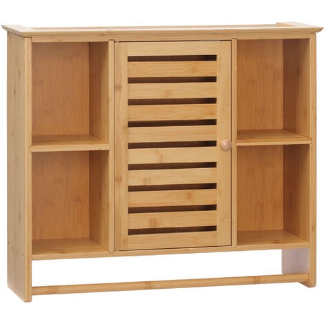 kleankin armario de pared de bambú mueble colgante de baño con puerta magnético 4 compartimientos de almacenaje y barra para colgar 65x17,8x54,6 cm