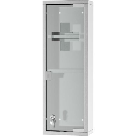 kleankin Armoire à Pharmacie 2 étagères 3 Niveaux 20L x 12l x 58H cm Porte Verre trempé Symbole Croix Acier INOX.
