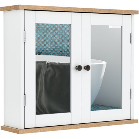 kleankin Armoire Murale avec Miroir pour Salle de Bain 2 Niveaux avec 1 étagère réglable et 2 Portes en bois- dim. 56I x 14P x 46H cm